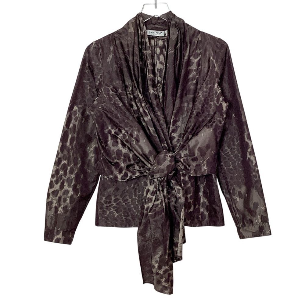 Farinaz Taghavi Leopard Jacquard Wrap Blouse Size 12 Tie Waist Waterfall Top